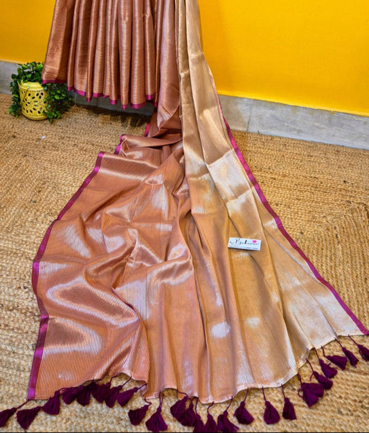 Megha | Light Bronze Tissue Saree with Magenta Border