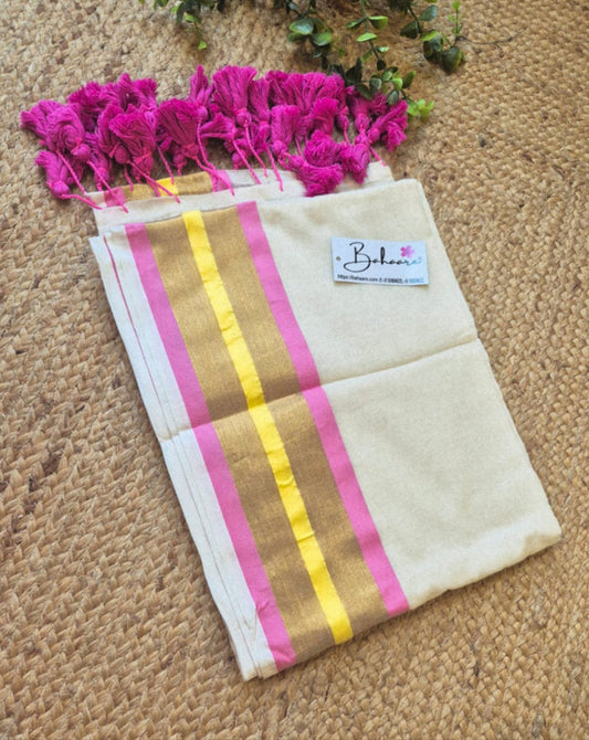 Mohini | Light Cream Mul Mul Cotton Saree with Golden Zari Border