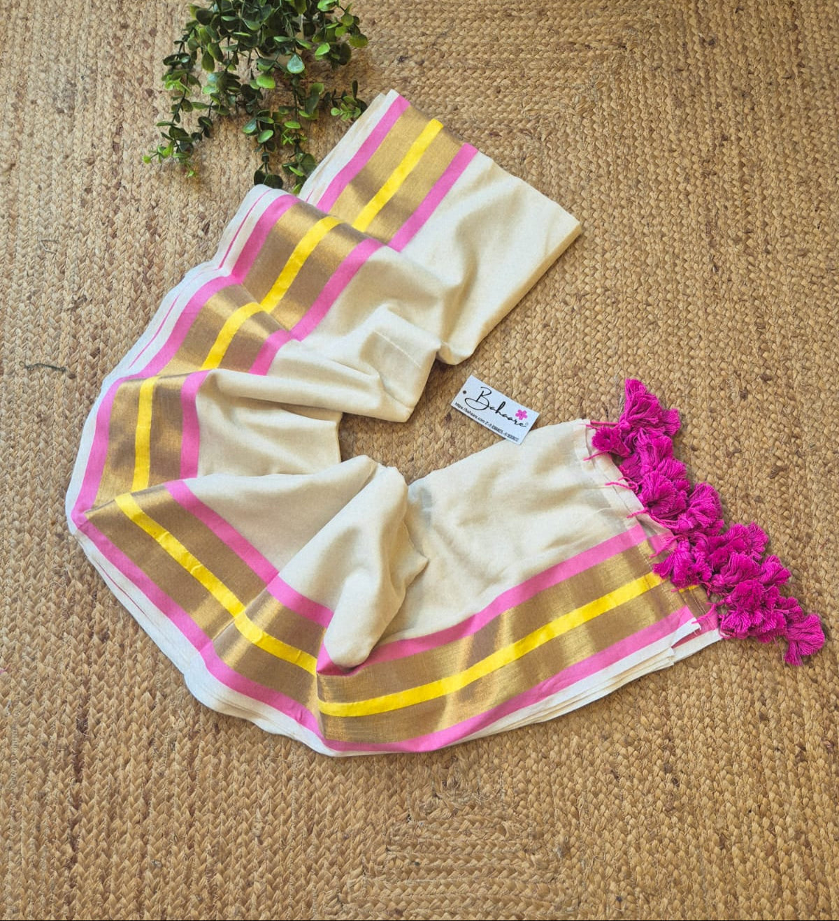 Mohini | Light Cream Mul Mul Cotton Saree with Golden Zari Border