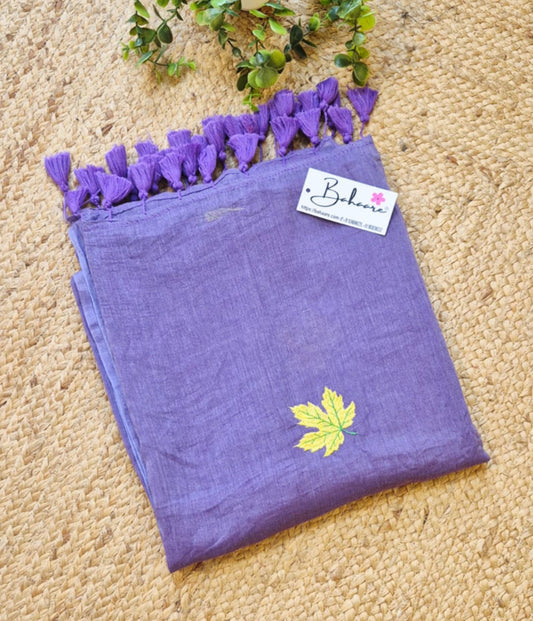 Mohini | Iris Lavender Mul Mul Cotton Saree with Leaf Embroidery
