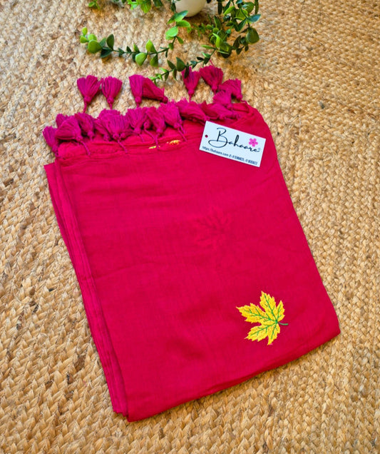 Mohini | Ruby Red Mul Mul Cotton Saree with Leaf Embroidery