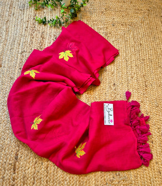 Mohini | Ruby Red Mul Mul Cotton Saree with Leaf Embroidery