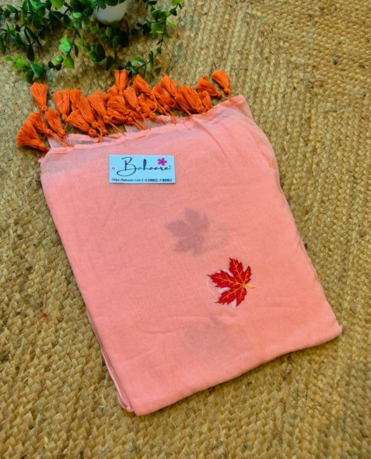Mohini | Pastel Peach Mul Mul Cotton Saree with Leaf Embroidery