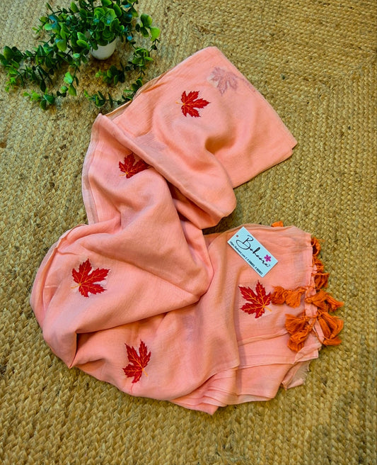 Mohini | Pastel Peach Mul Mul Cotton Saree with Leaf Embroidery