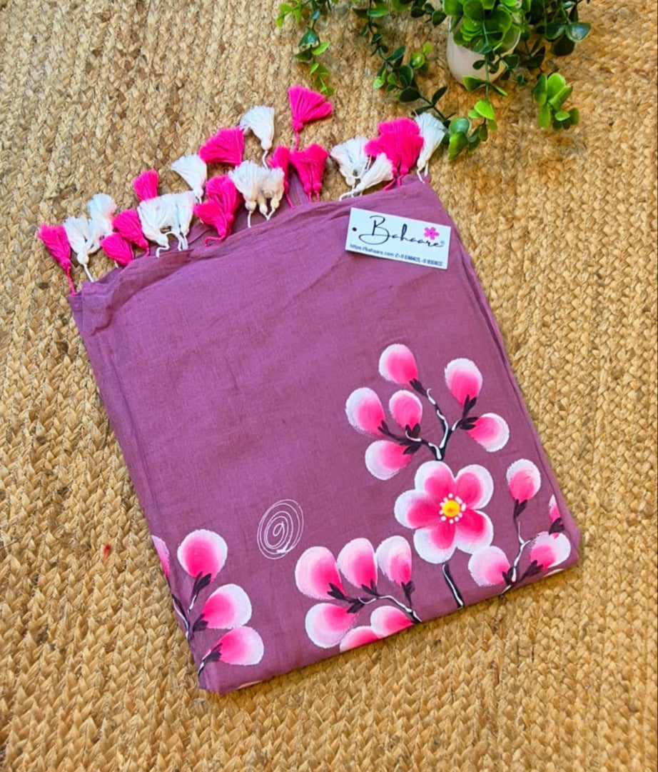 Exotic Cherry Blossom | Onion Pink Mul Mul Cotton Saree