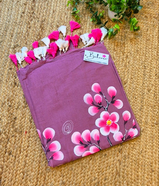 Exotic Cherry Blossom | Onion Pink Mul Mul Cotton Saree