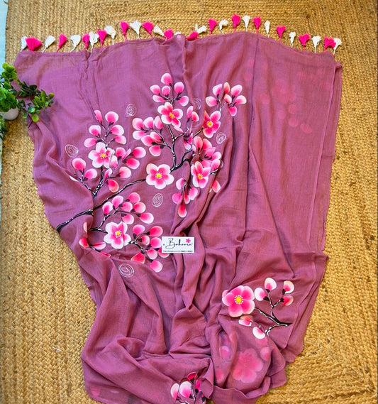 Exotic Cherry Blossom | Onion Pink Mul Mul Cotton Saree