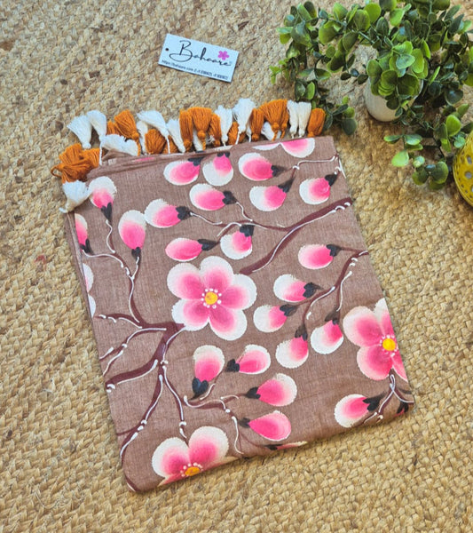 Exotic Cherry Blossom | Cinnamon Dust Mul Mul Cotton Saree