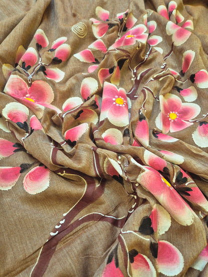 Exotic Cherry Blossom | Cinnamon Dust Mul Mul Cotton Saree