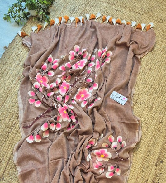 Exotic Cherry Blossom | Cinnamon Dust Mul Mul Cotton Saree