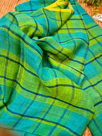 Woodland Whispers | Turquoise Blue Jayshree Linen Saree with Blue Check