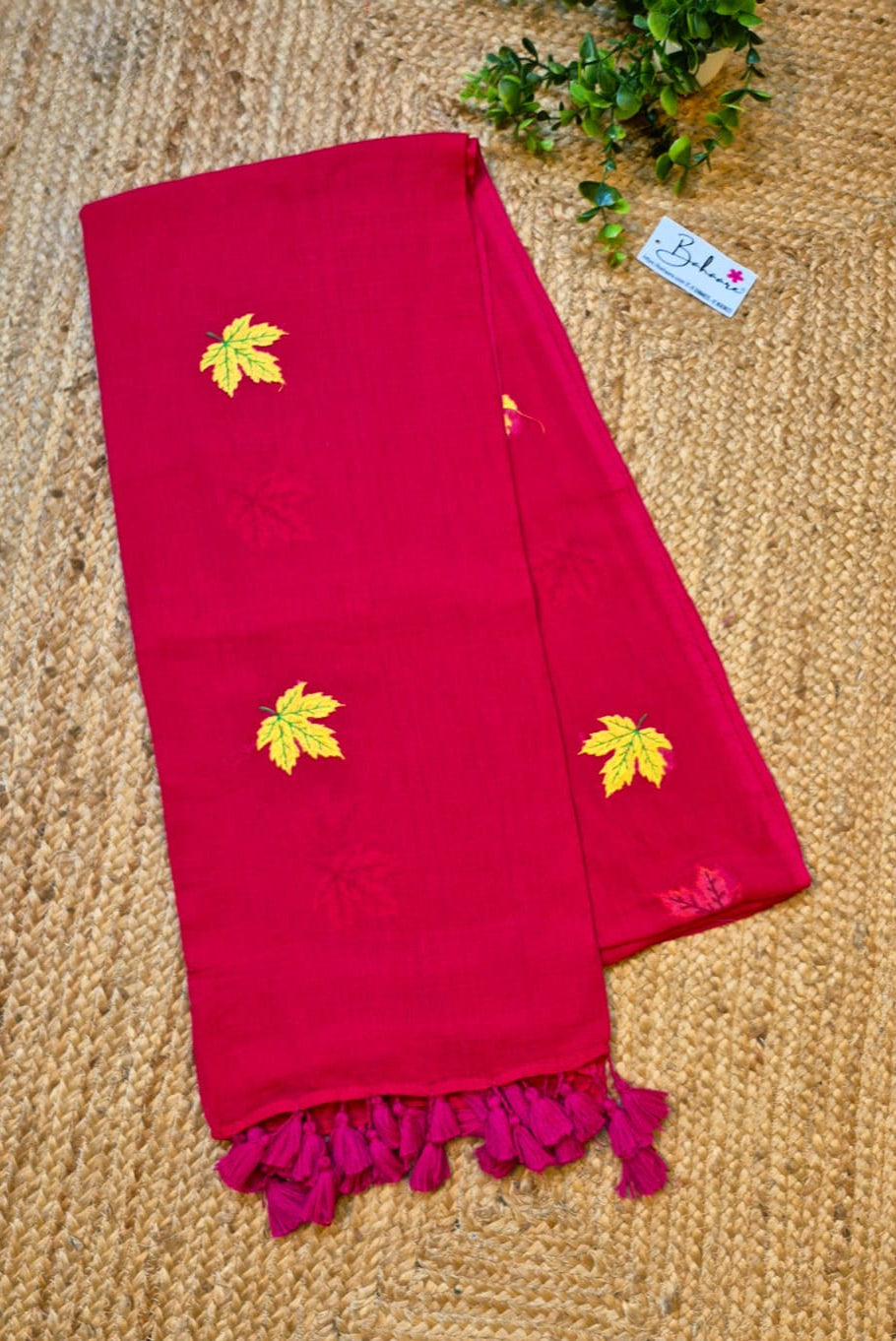Mohini | Ruby Red Mul Mul Cotton Saree with Leaf Embroidery