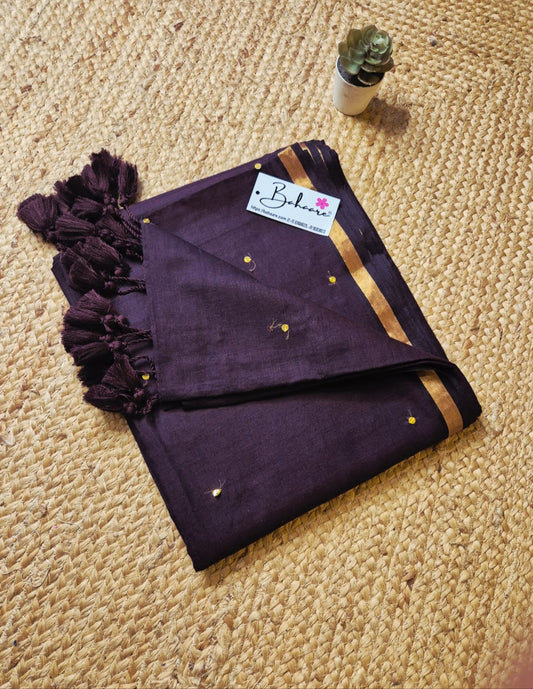 Shimmering Starlight | Dark Chocolate Brown Mul Mul Cotton Saree