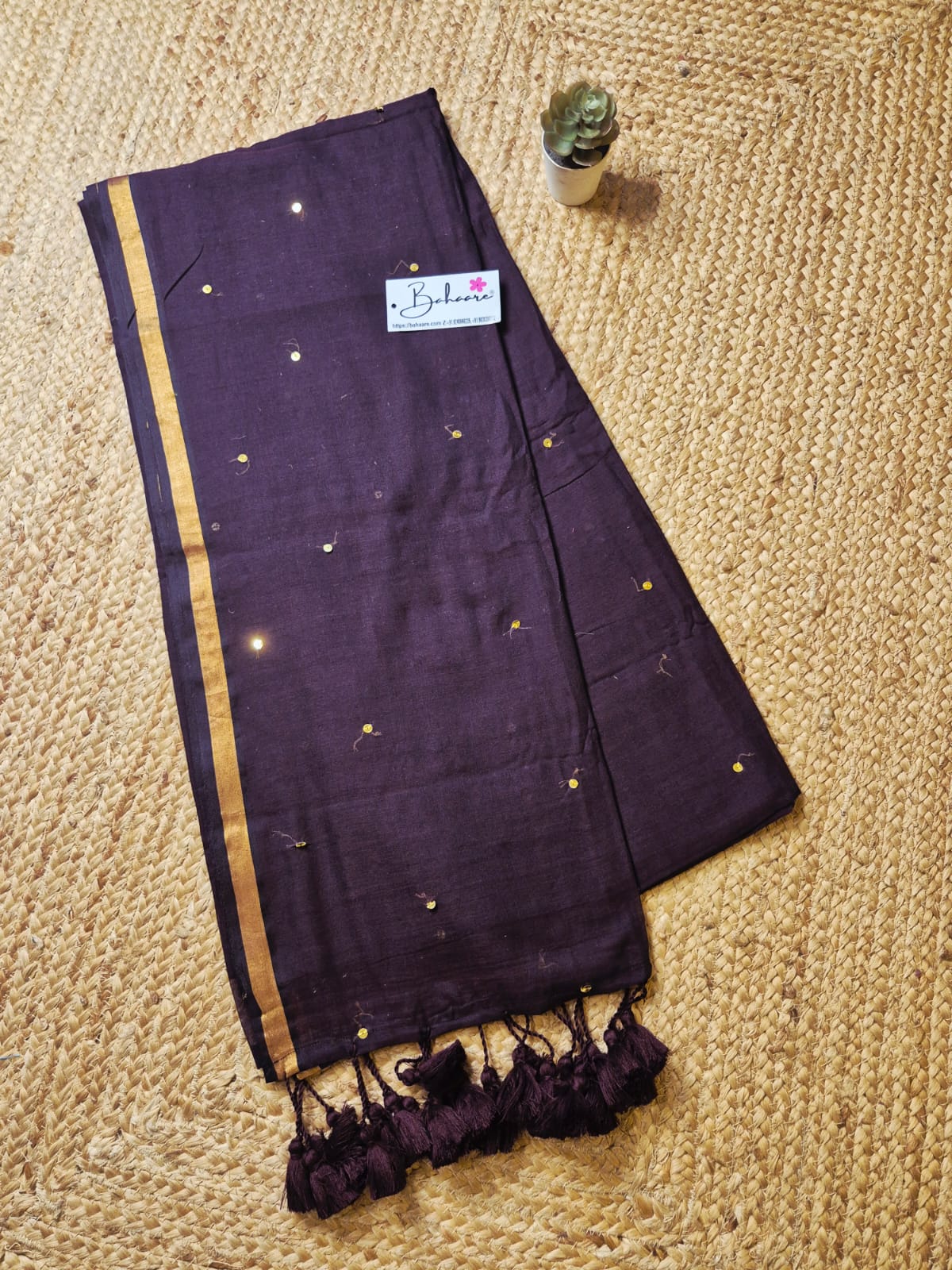 Shimmering Starlight | Dark Chocolate Brown Mul Mul Cotton Saree