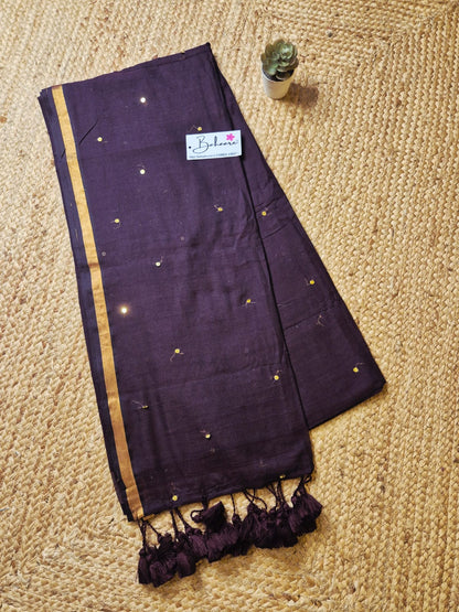 Shimmering Starlight | Dark Chocolate Brown Mul Mul Cotton Saree