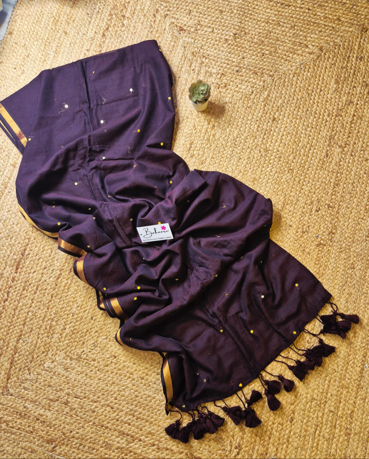 Shimmering Starlight | Dark Chocolate Brown Mul Mul Cotton Saree
