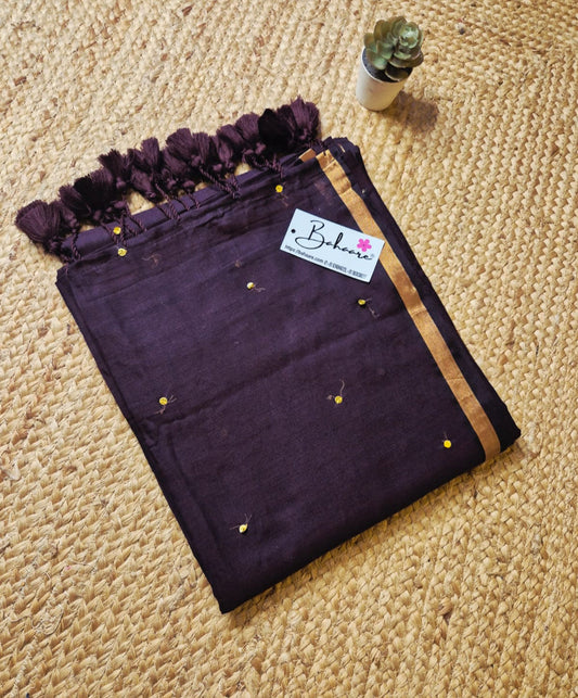 Shimmering Starlight | Dark Chocolate Brown Mul Mul Cotton Saree