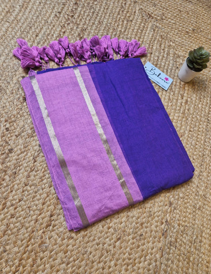 Noor | Bluish Purple Mul Mul Cotton Saree with Lavender Zari Border