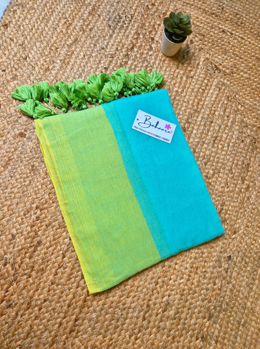 Mohini | Aqua marine Mul Mul Cotton Saree with Neon Green Border