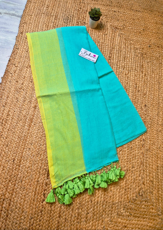Mohini | Aqua marine Mul Mul Cotton Saree with Neon Green Border