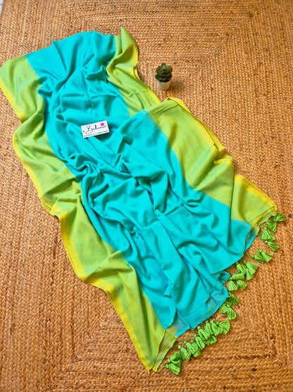 Mohini | Aqua marine Mul Mul Cotton Saree with Neon Green Border