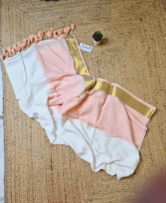 Noor | Light Peach and Off White Mul Mul Cotton Saree with Golden Zari Border