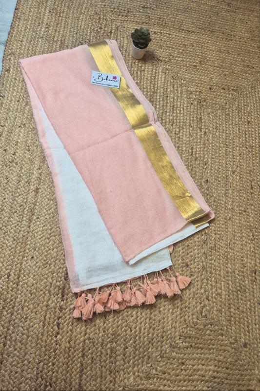 Noor | Light Peach and Off White Mul Mul Cotton Saree with Golden Zari Border