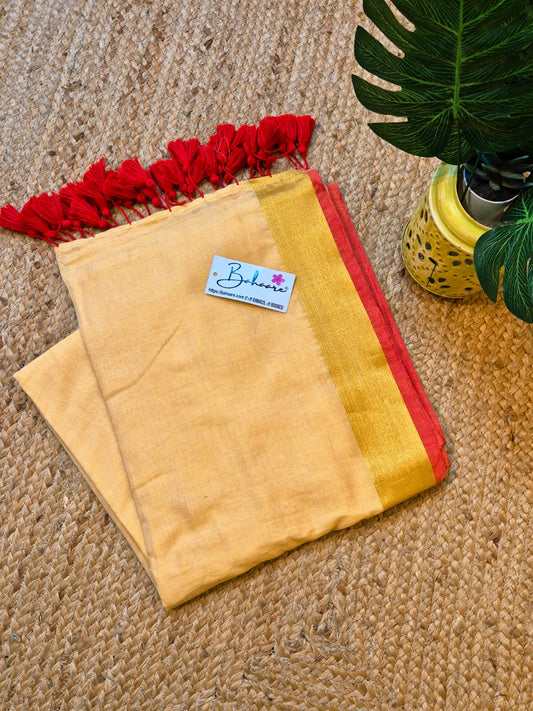 Noor | Cream Mul Mul Cotton Saree with Red and Golden Zari Border