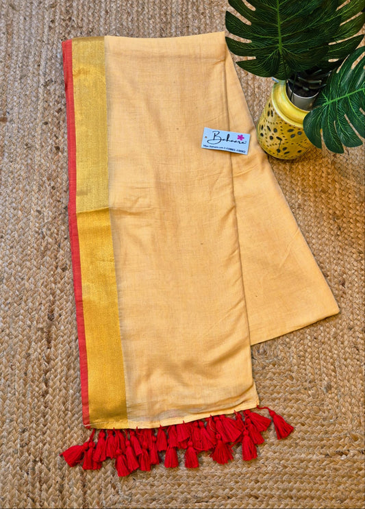 Noor | Cream Mul Mul Cotton Saree with Red and Golden Zari Border