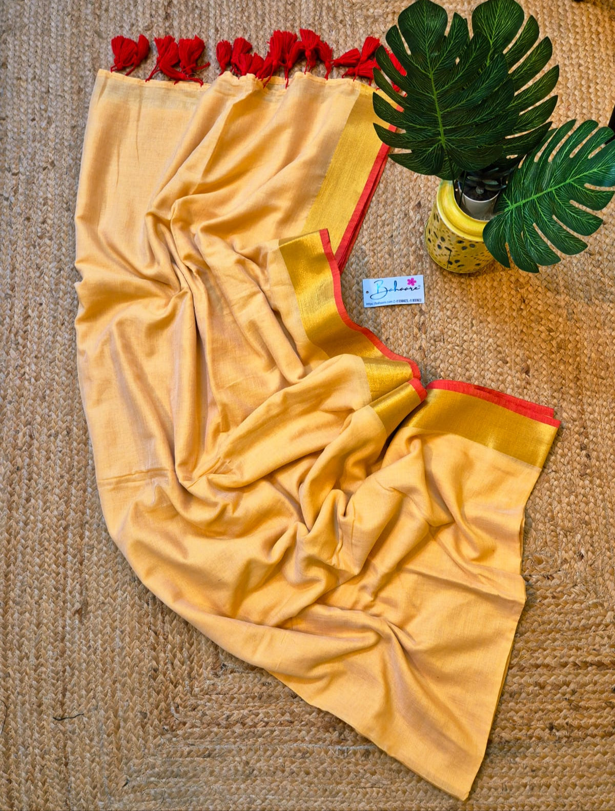 Noor | Cream Mul Mul Cotton Saree with Red and Golden Zari Border