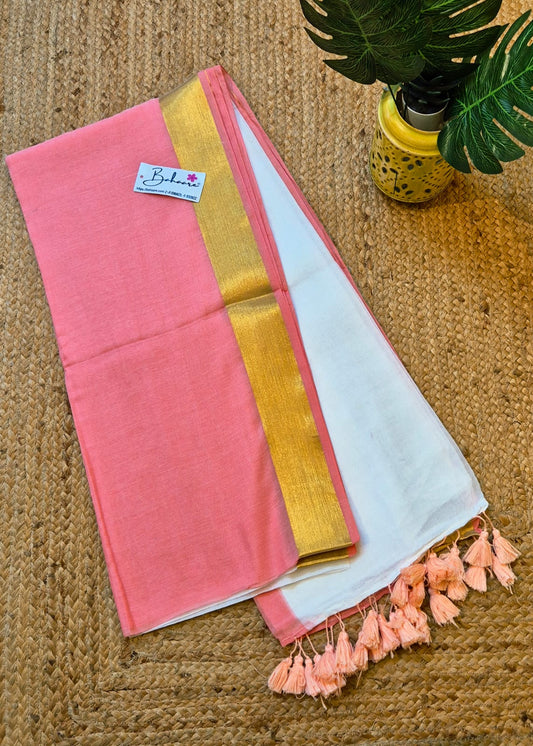 Noor | Dark Peach and Off White Mul Mul Cotton Saree with Golden Zari Border