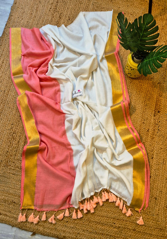 Noor | Dark Peach and Off White Mul Mul Cotton Saree with Golden Zari Border