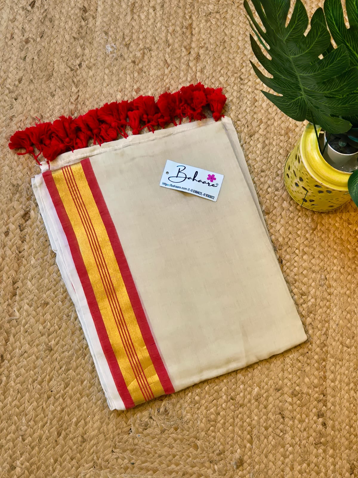 Noor | Light Beige Mul Mul Cotton Saree with Red and Golden Zari Border