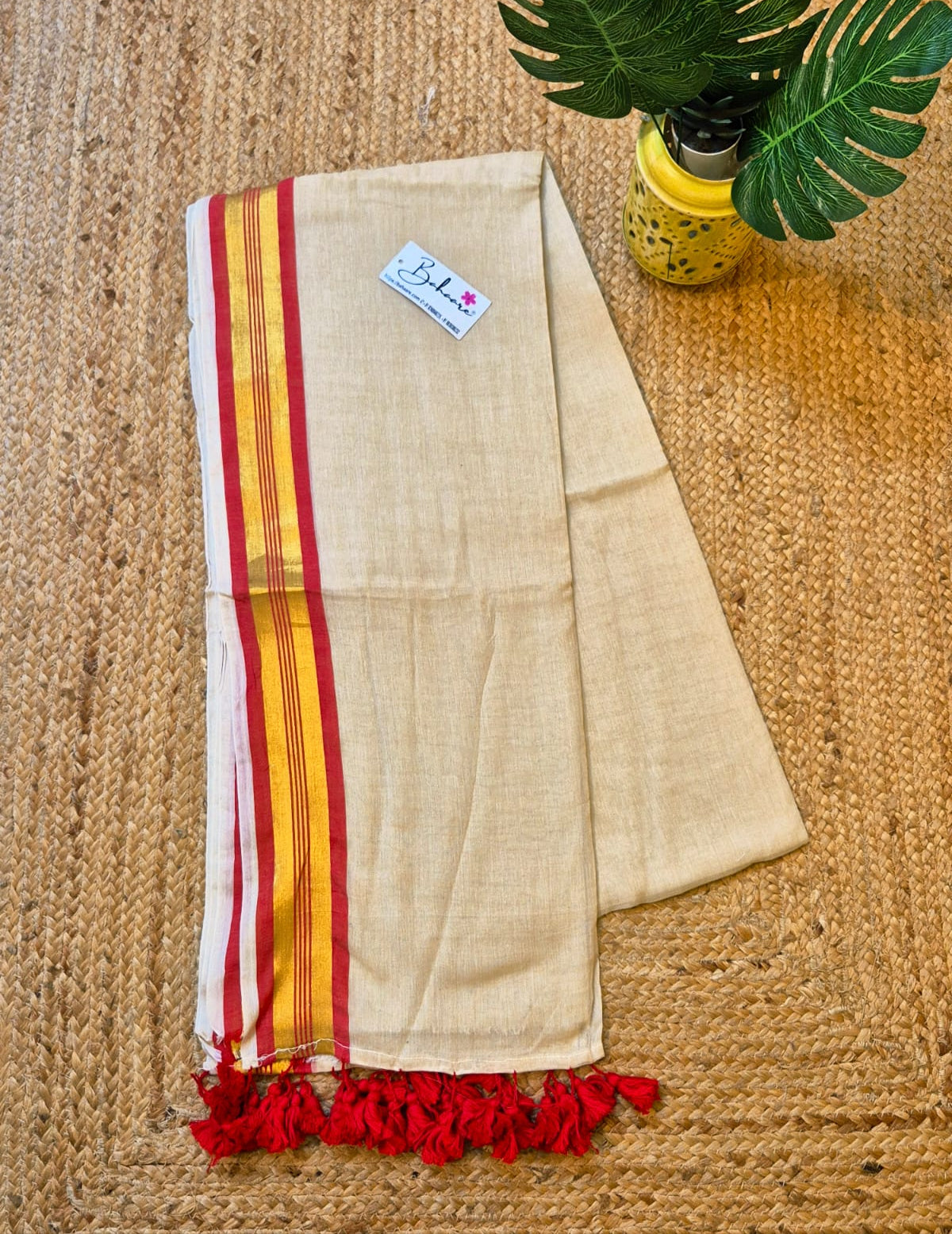 Noor | Light Beige Mul Mul Cotton Saree with Red and Golden Zari Border