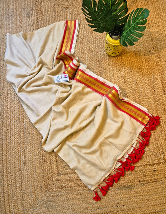 Noor | Light Beige Mul Mul Cotton Saree with Red and Golden Zari Border