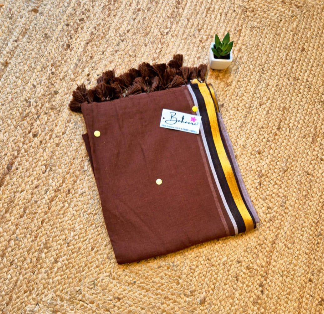 Shimmering Starlight |Coffee Brown Mul Mul Cotton Saree with Golden Zari Border