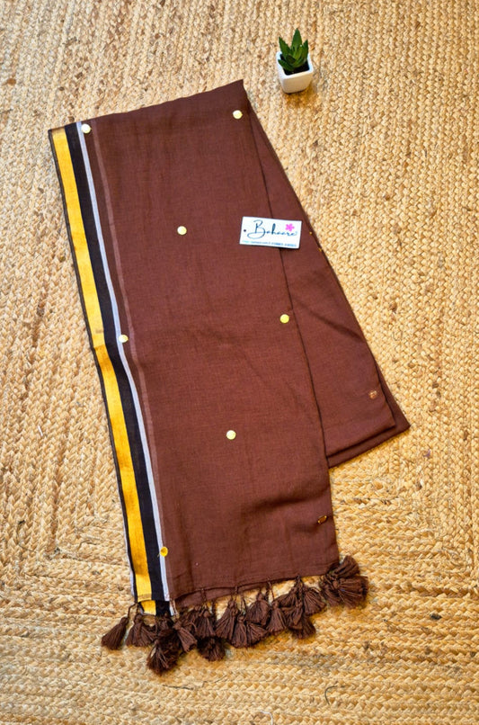 Shimmering Starlight |Coffee Brown Mul Mul Cotton Saree with Golden Zari Border