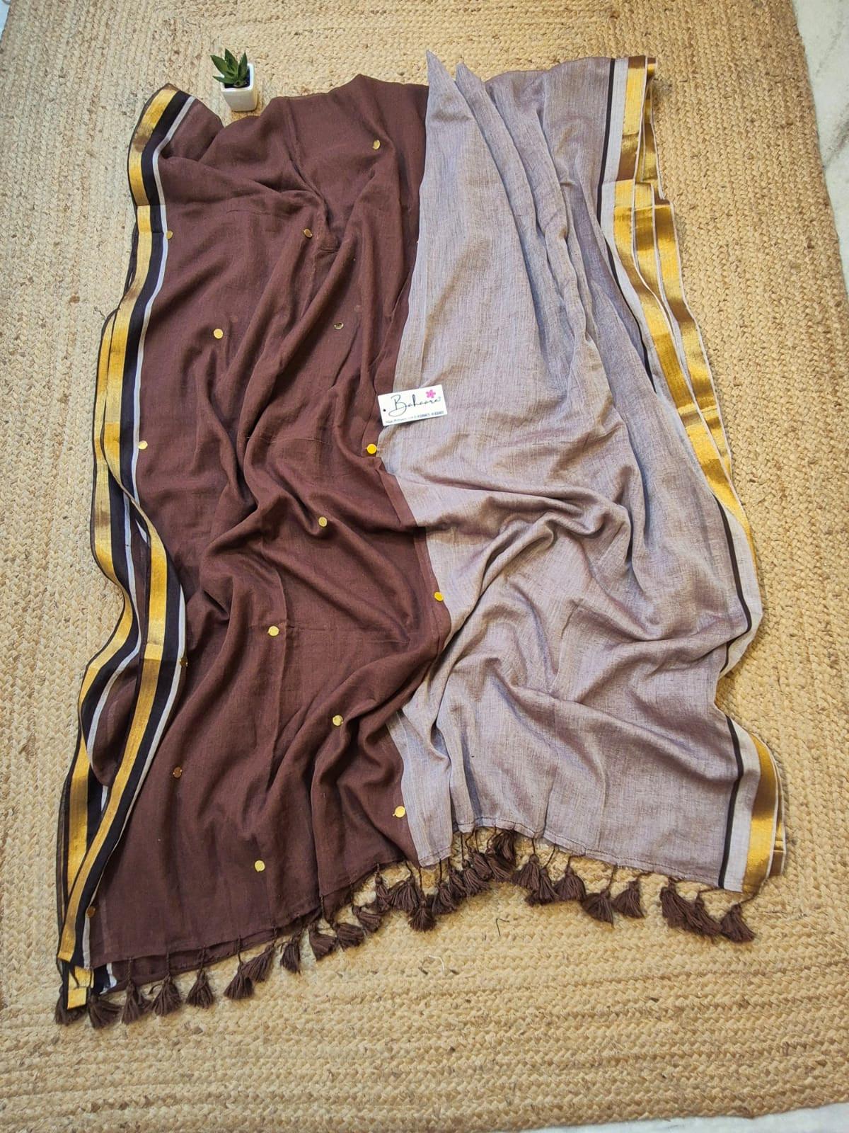 Shimmering Starlight |Coffee Brown Mul Mul Cotton Saree with Golden Zari Border