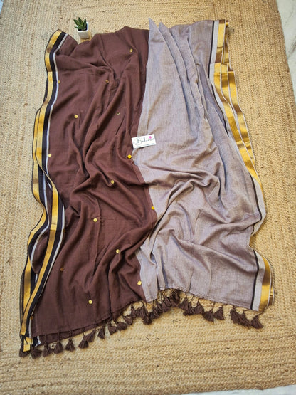 Shimmering Starlight |Coffee Brown Mul Mul Cotton Saree with Golden Zari Border