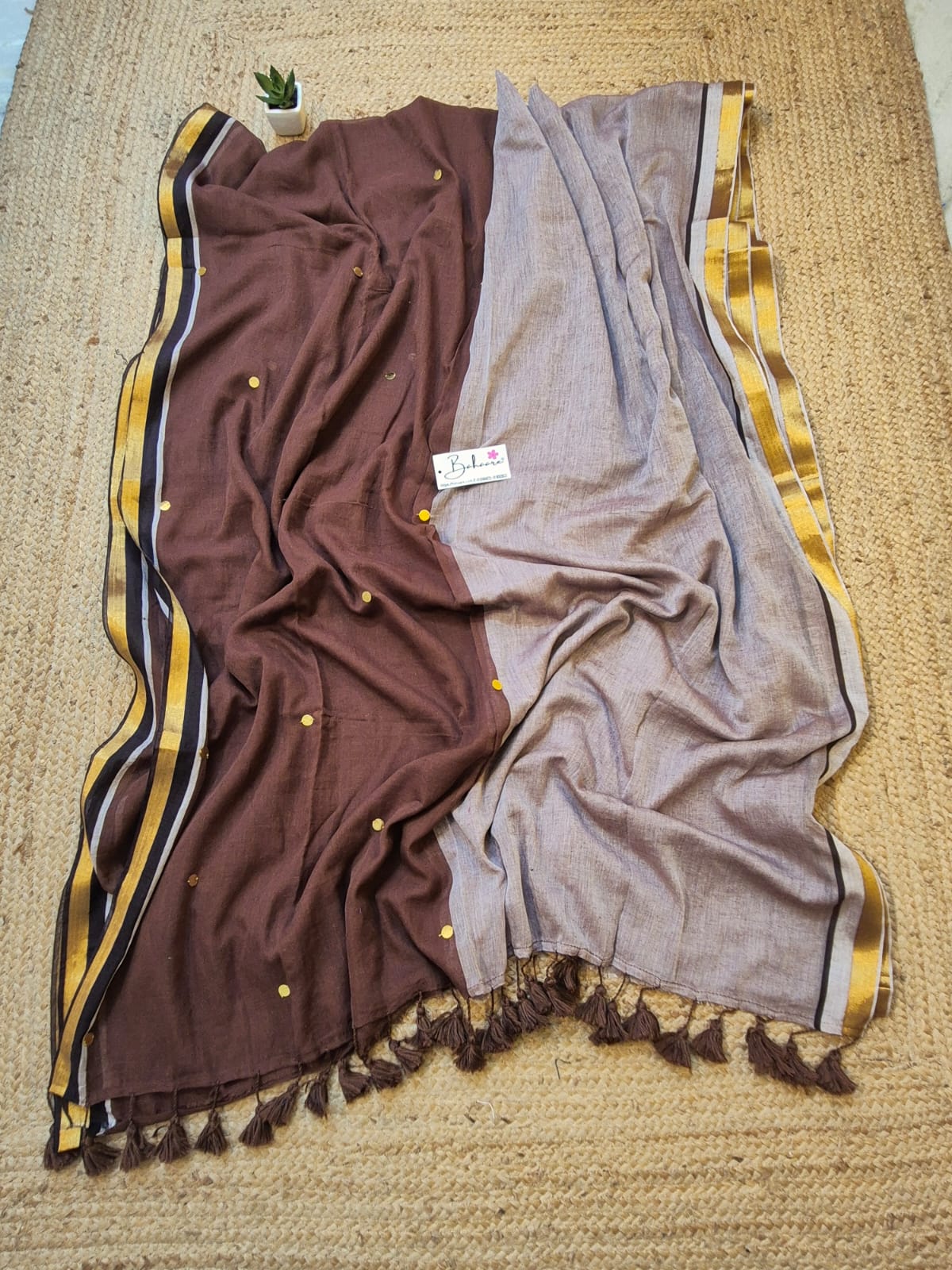 Shimmering Starlight |Coffee Brown Mul Mul Cotton Saree with Golden Zari Border