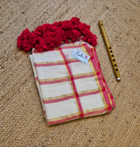 Mohini | White and Red Mul Mul Cotton Saree