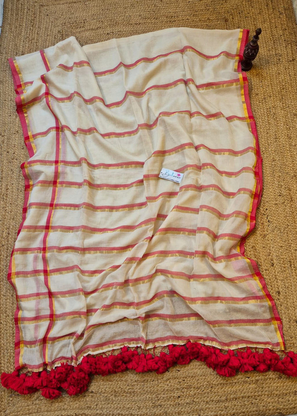 Mohini | White and Red Mul Mul Cotton Saree