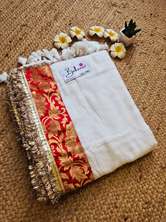 Noor | Dove White Mul Mul Cotton Saree with Designer Zari Border