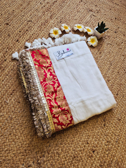 Noor | Dove White Mul Mul Cotton Saree with Designer Zari Border
