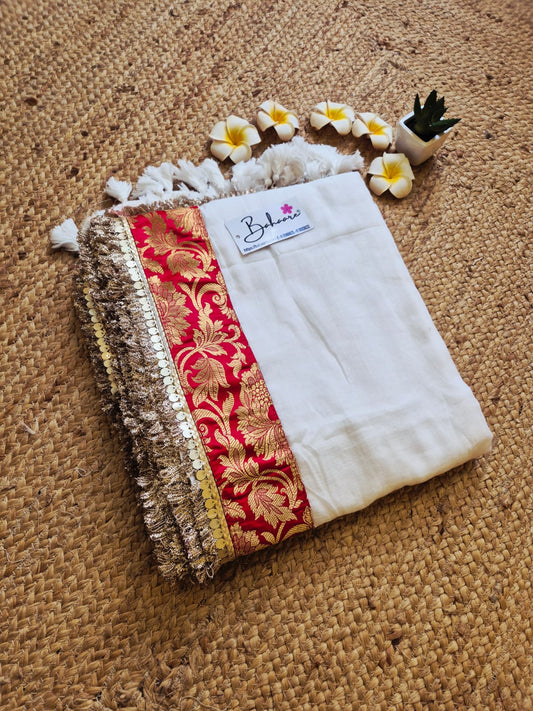 Noor | Dove White Mul Mul Cotton Saree with Designer Zari Border
