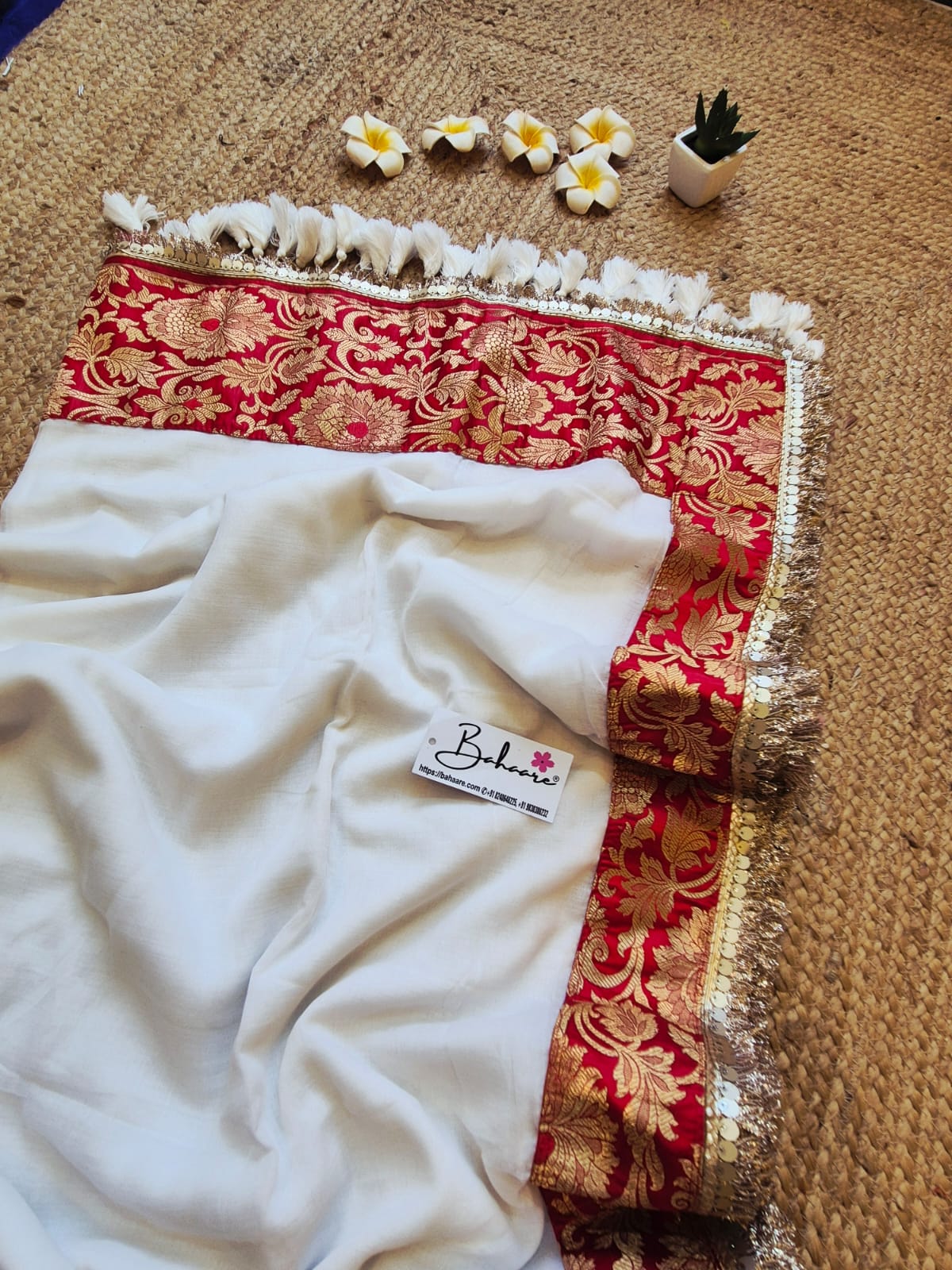 Noor | Dove White Mul Mul Cotton Saree with Designer Zari Border