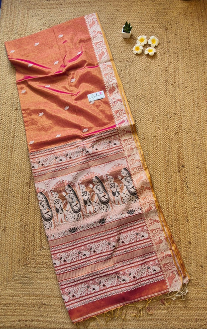 Afreen | Metallic Orange Baluchori Tissue Silk Saree