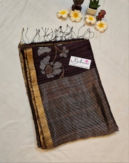 Samhita | Chocolate Brown Matka Silk with Golden Zari Border Handwoven Jamdani Saree