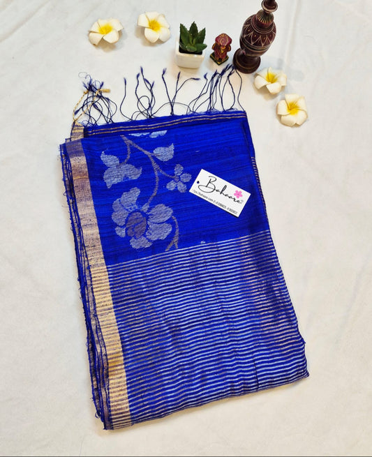 Samhita | Royal Blue Matka Silk with Golden Zari Border Handwoven Jamdani Saree