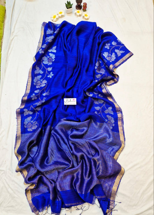 Samhita | Royal Blue Matka Silk with Golden Zari Border Handwoven Jamdani Saree
